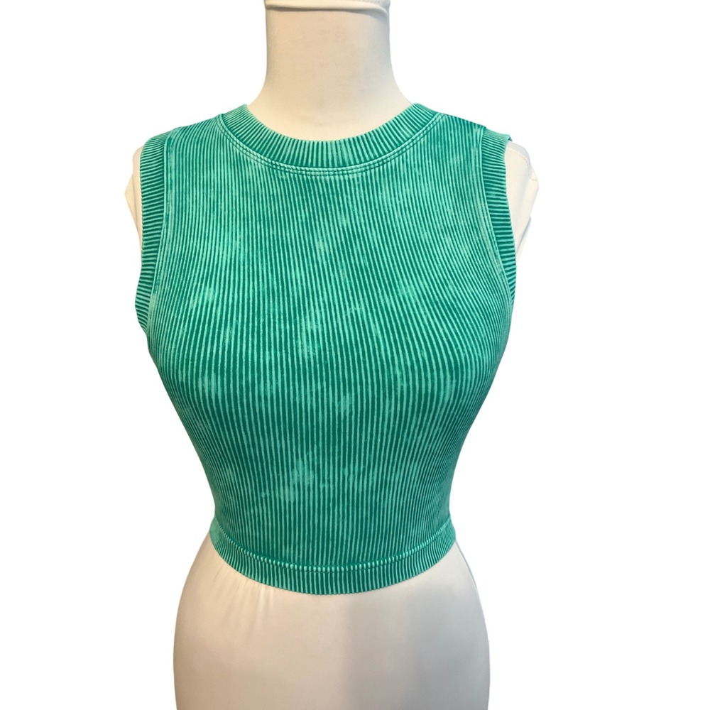 Green Acid Wash Ribbed Knit Sleeveless Crew Neck‎ Crop Top Tank L/XL